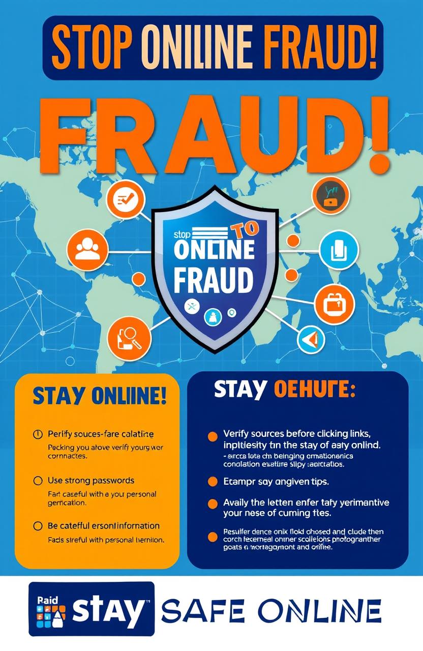 A bold and informative poster design focused on preventing online fraud