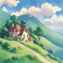 Generate an image of a whimsical fantasy landscape in the signature watercolor style of Studio Ghibli, featuring a cozy cottage nestled among lush, rolling hills under a bright, serene sky