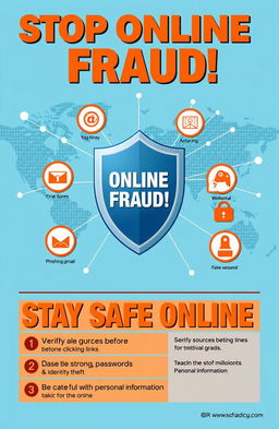 A bold and informative poster design focused on preventing online fraud
