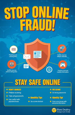 A bold and informative poster design focused on preventing online fraud