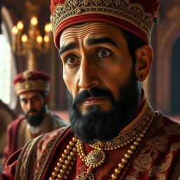 A close-up portrait of King Akbar, with a thoughtful and intrigued expression on his face as he listens intently to Birbal’s response