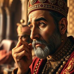 A close-up portrait of King Akbar, with a thoughtful and intrigued expression on his face as he listens intently to Birbal’s response
