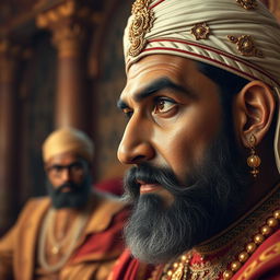 A close-up portrait of King Akbar, with a thoughtful and intrigued expression on his face as he listens intently to Birbal’s response