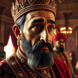 A close-up portrait of King Akbar, with a thoughtful and intrigued expression on his face as he listens intently to Birbal’s response