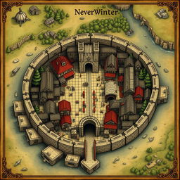 A highly detailed map of South Neverwinter, showcasing its iconic stone wall and sewer entrance