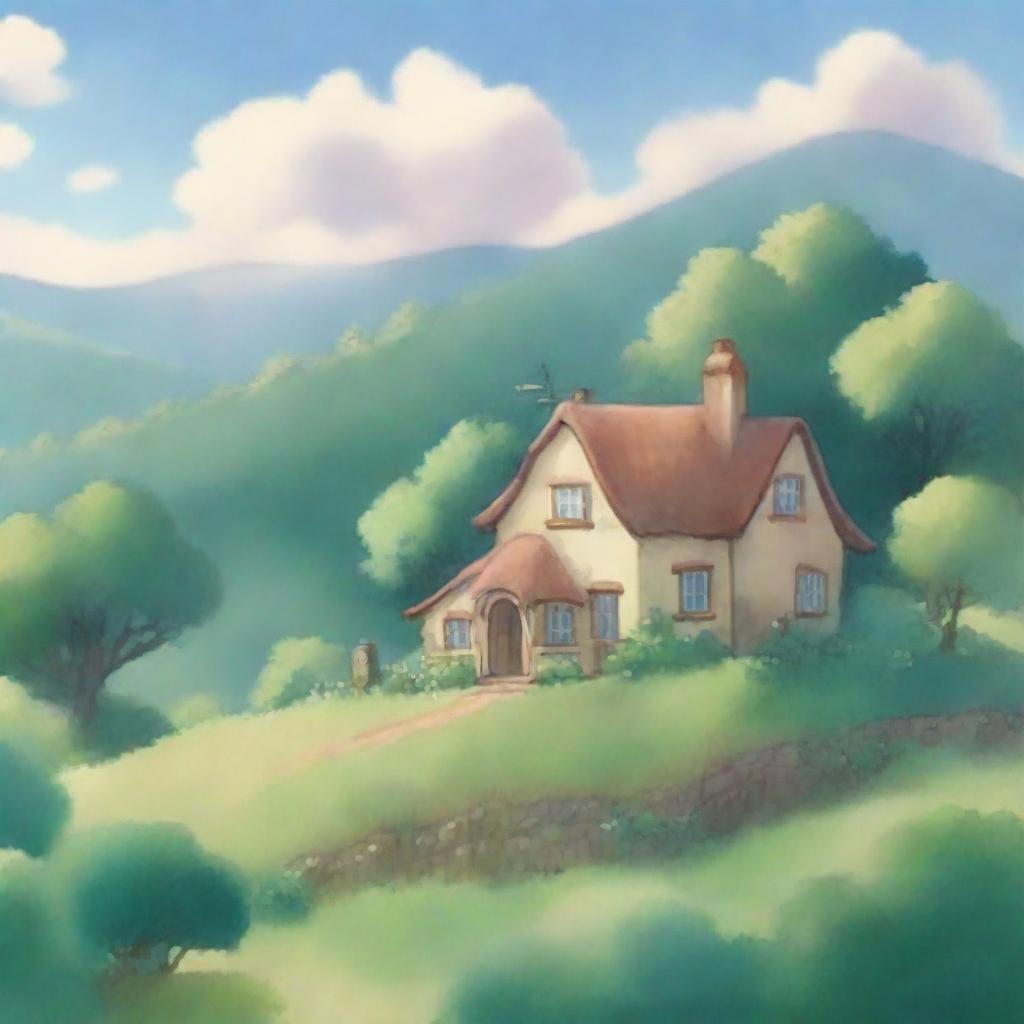 Generate an image of a whimsical fantasy landscape in the signature watercolor style of Studio Ghibli, featuring a cozy cottage nestled among lush, rolling hills under a bright, serene sky