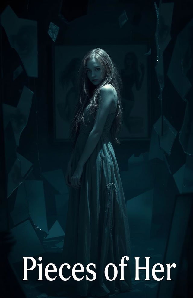 A dramatic scene titled 'Pieces of Her', featuring a melancholic woman standing in a dimly lit room filled with shattered glass and broken mirrors, symbolizing fragmentation and loss