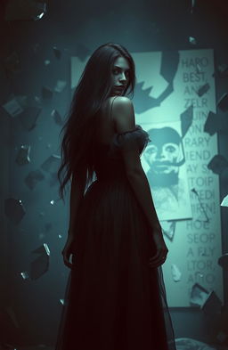 A dramatic scene titled 'Pieces of Her', featuring a melancholic woman standing in a dimly lit room filled with shattered glass and broken mirrors, symbolizing fragmentation and loss