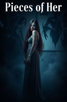 A dramatic scene titled 'Pieces of Her', featuring a melancholic woman standing in a dimly lit room filled with shattered glass and broken mirrors, symbolizing fragmentation and loss