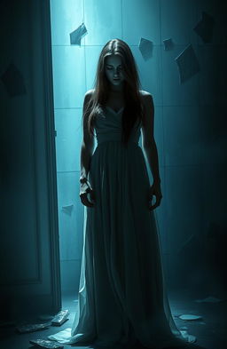 A dramatic scene titled 'Pieces of Her', featuring a melancholic woman standing in a dimly lit room filled with shattered glass and broken mirrors, symbolizing fragmentation and loss