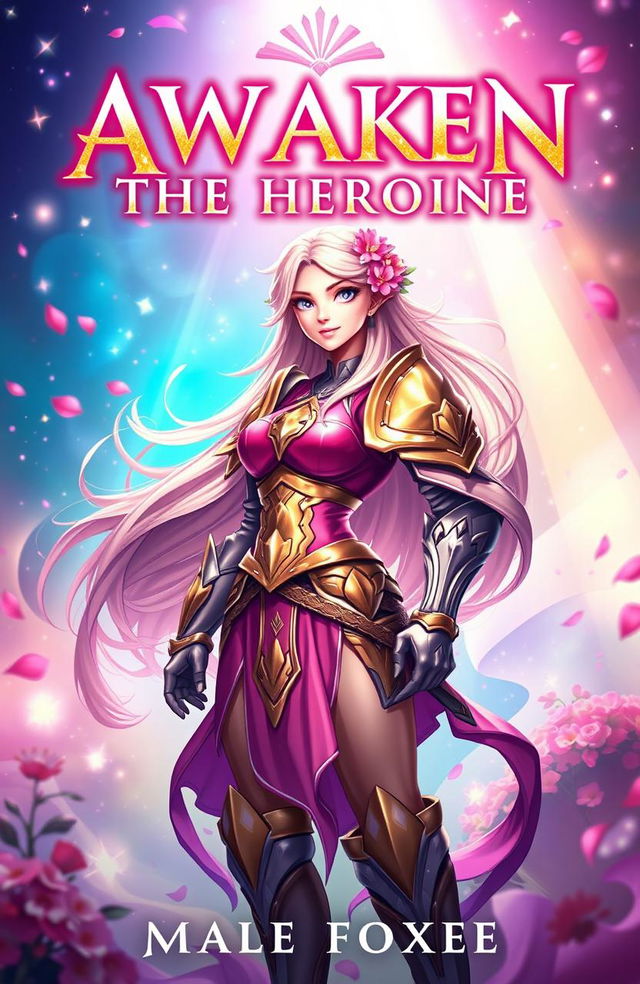 A captivating book cover for 'AWAKEN THE HEROINE', featuring a strong female character with a fierce yet graceful demeanor