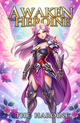 A captivating book cover for 'AWAKEN THE HEROINE', featuring a strong female character with a fierce yet graceful demeanor
