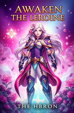 A captivating book cover for 'AWAKEN THE HEROINE', featuring a strong female character with a fierce yet graceful demeanor
