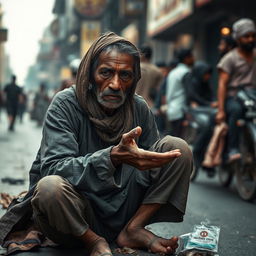 A poignant scene of a tired and weak beggar sitting on a bustling urban street, with a hand stretched out for alms