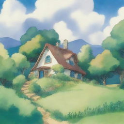 Generate an image of a whimsical fantasy landscape in the signature watercolor style of Studio Ghibli, featuring a cozy cottage nestled among lush, rolling hills under a bright, serene sky