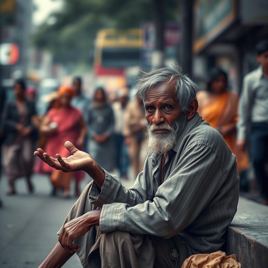 A poignant scene of a tired and weak beggar sitting on a bustling urban street, with a hand stretched out for alms