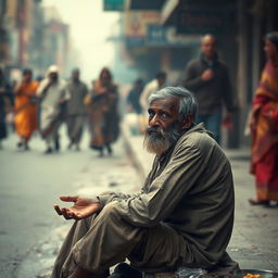 A poignant scene of a tired and weak beggar sitting on a bustling urban street, with a hand stretched out for alms