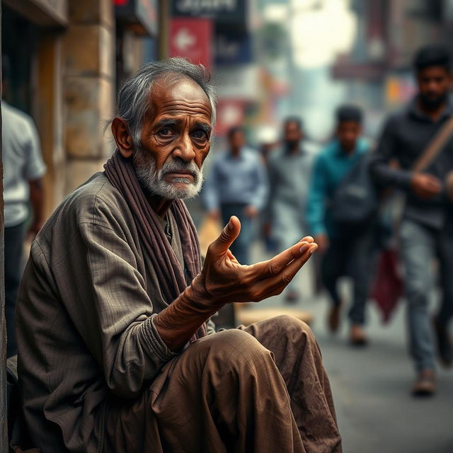 A poignant scene of a tired and weak beggar sitting on a bustling urban street, with a hand stretched out for alms