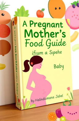 A vibrant and eye-catching book cover design featuring the title "A Pregnant Mother's Food Guide for a Super Healthy Baby" prominently displayed in a playful yet elegant font