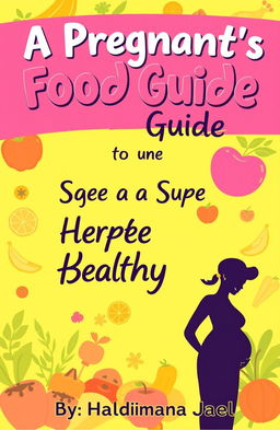 A vibrant and eye-catching book cover design featuring the title "A Pregnant Mother's Food Guide for a Super Healthy Baby" prominently displayed in a playful yet elegant font