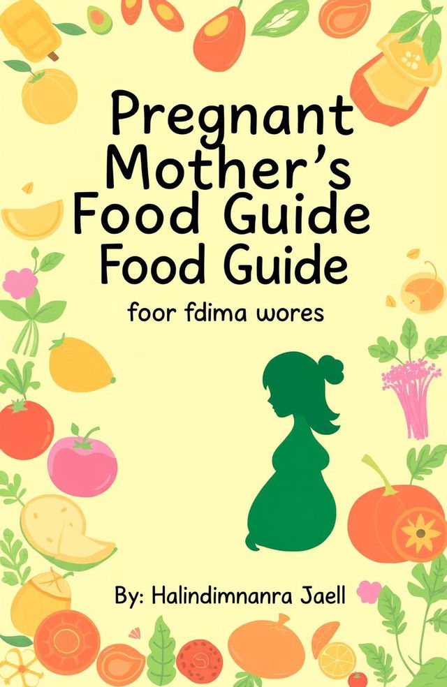 A vibrant and eye-catching book cover design featuring the title "A Pregnant Mother's Food Guide for a Super Healthy Baby" prominently displayed in a playful yet elegant font