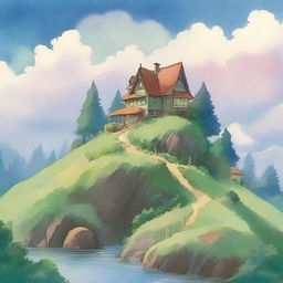 Generate an image of a whimsical fantasy landscape in the signature watercolor style of Studio Ghibli, featuring a cozy cottage nestled among lush, rolling hills under a bright, serene sky