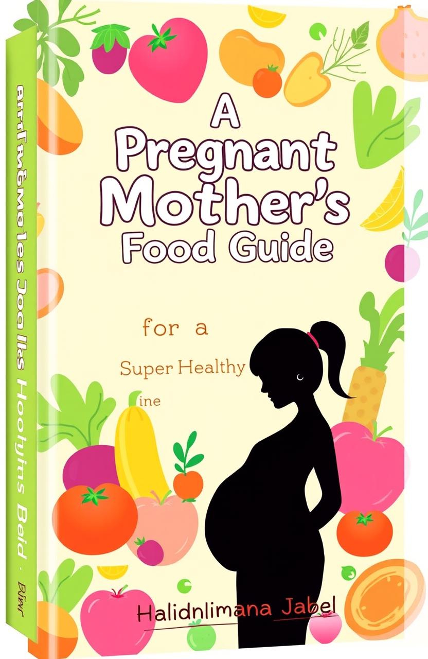 A vibrant and eye-catching book cover design featuring the title "A Pregnant Mother's Food Guide for a Super Healthy Baby" prominently displayed in a playful yet elegant font