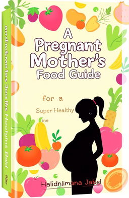 A vibrant and eye-catching book cover design featuring the title "A Pregnant Mother's Food Guide for a Super Healthy Baby" prominently displayed in a playful yet elegant font