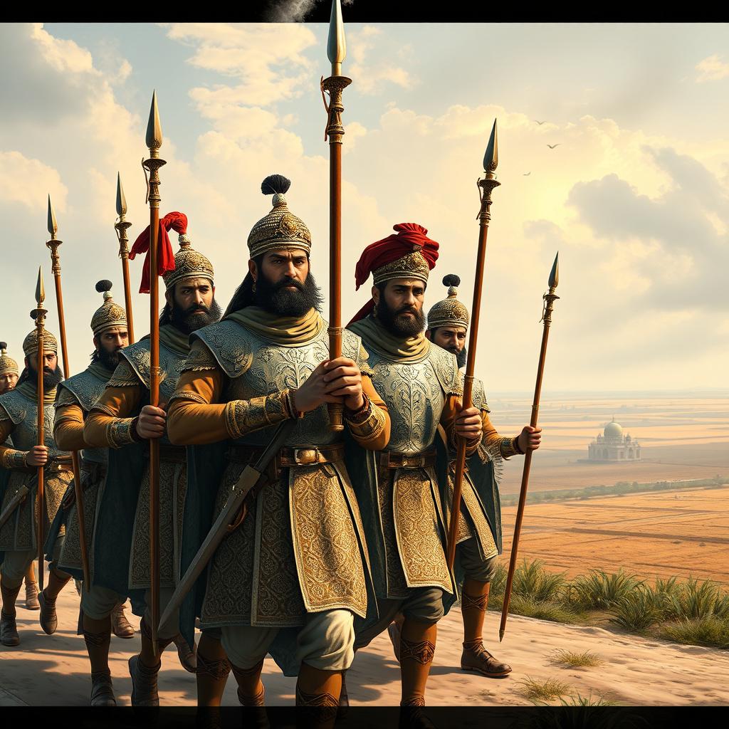 A scene depicting a group of Mughal soldiers marching with pride under the command of Akbar