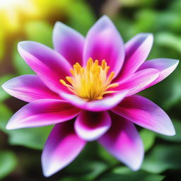 Generate an image of a vibrant flower in full bloom, its petals delicately capturing the sunlight and its center full of intricate details, contrasted by a soft focus background