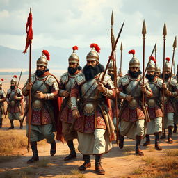 A scene depicting a group of Mughal soldiers marching with pride under the command of Akbar