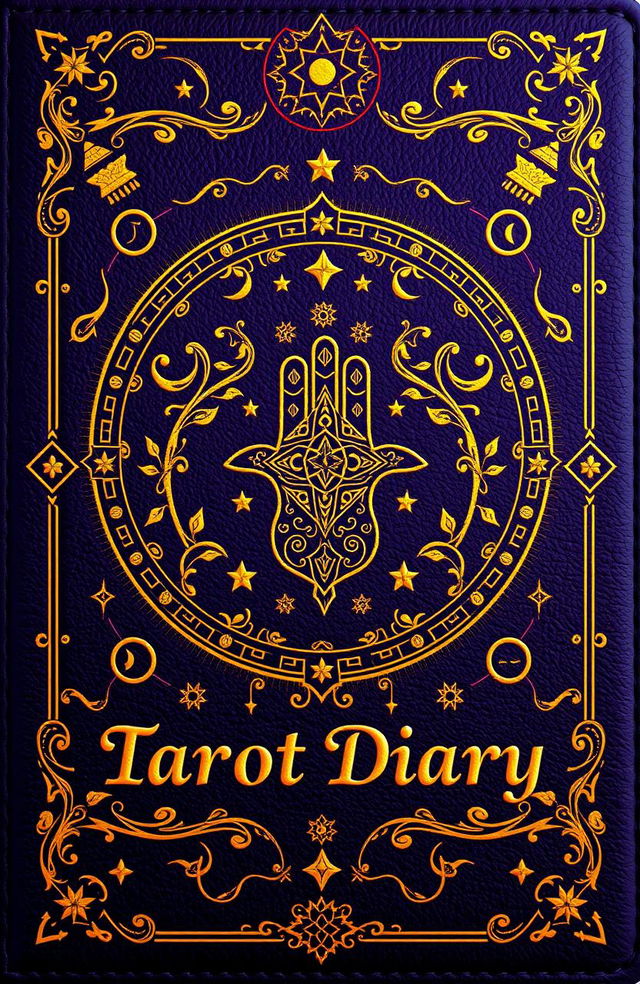 A luxurious and mystical Tarot diary cover design, beautifully illustrated with intricate details