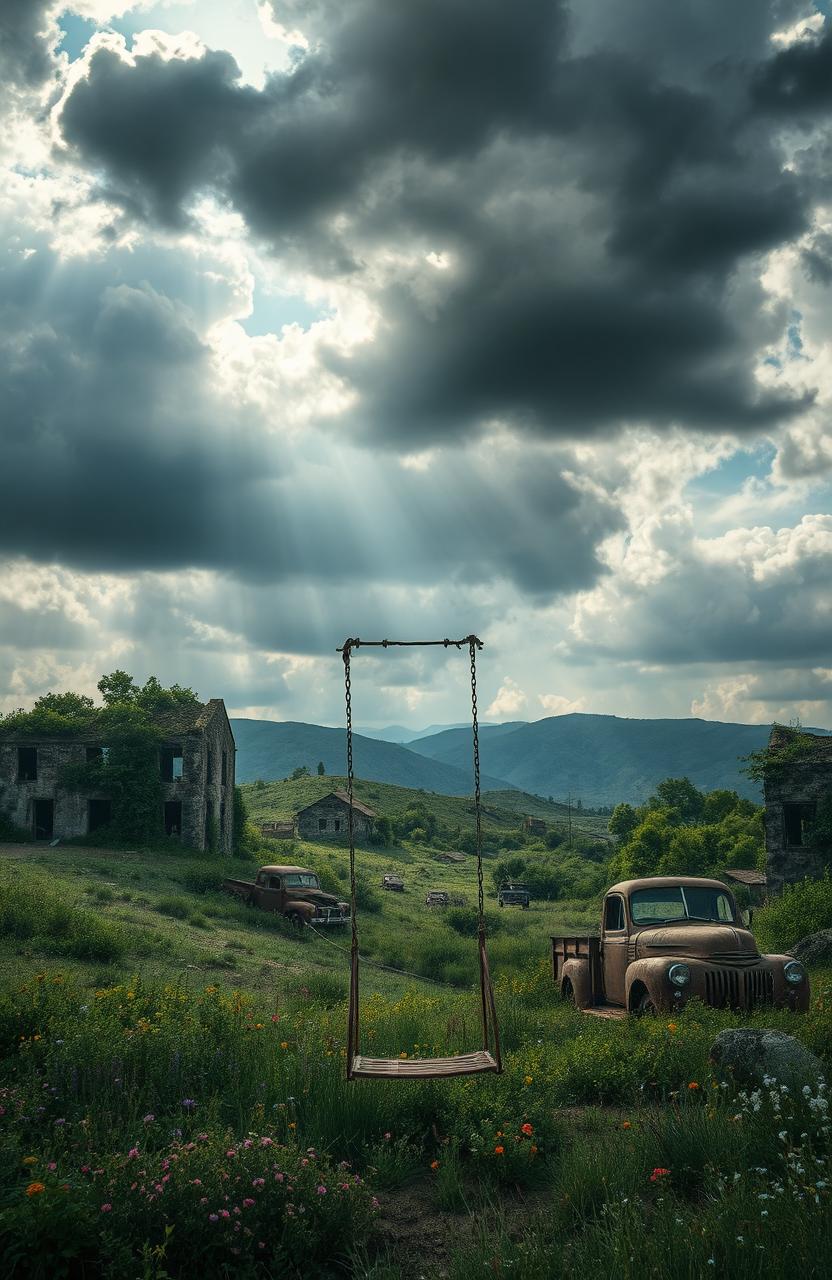 A dramatic and haunting landscape titled 'What Was Left Behind'