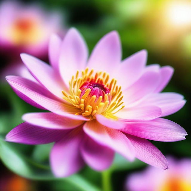 Generate an image of a vibrant flower in full bloom, its petals delicately capturing the sunlight and its center full of intricate details, contrasted by a soft focus background