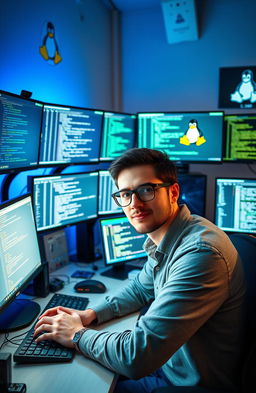 A visually engaging representation of Linux administration, featuring a dynamic workspace with multiple computer monitors displaying terminal windows, code snippets, and various Linux distributions logos