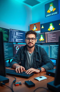 A visually engaging representation of Linux administration, featuring a dynamic workspace with multiple computer monitors displaying terminal windows, code snippets, and various Linux distributions logos