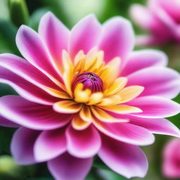 Generate an image of a vibrant flower in full bloom, its petals delicately capturing the sunlight and its center full of intricate details, contrasted by a soft focus background