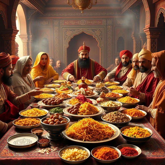 A lavish Mughal banquet scene set indoors, showcasing an opulent table filled with a variety of delicious Mughal dishes, including biryanis, kababs, fruits, and sweets