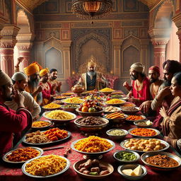 A lavish Mughal banquet scene set indoors, showcasing an opulent table filled with a variety of delicious Mughal dishes, including biryanis, kababs, fruits, and sweets