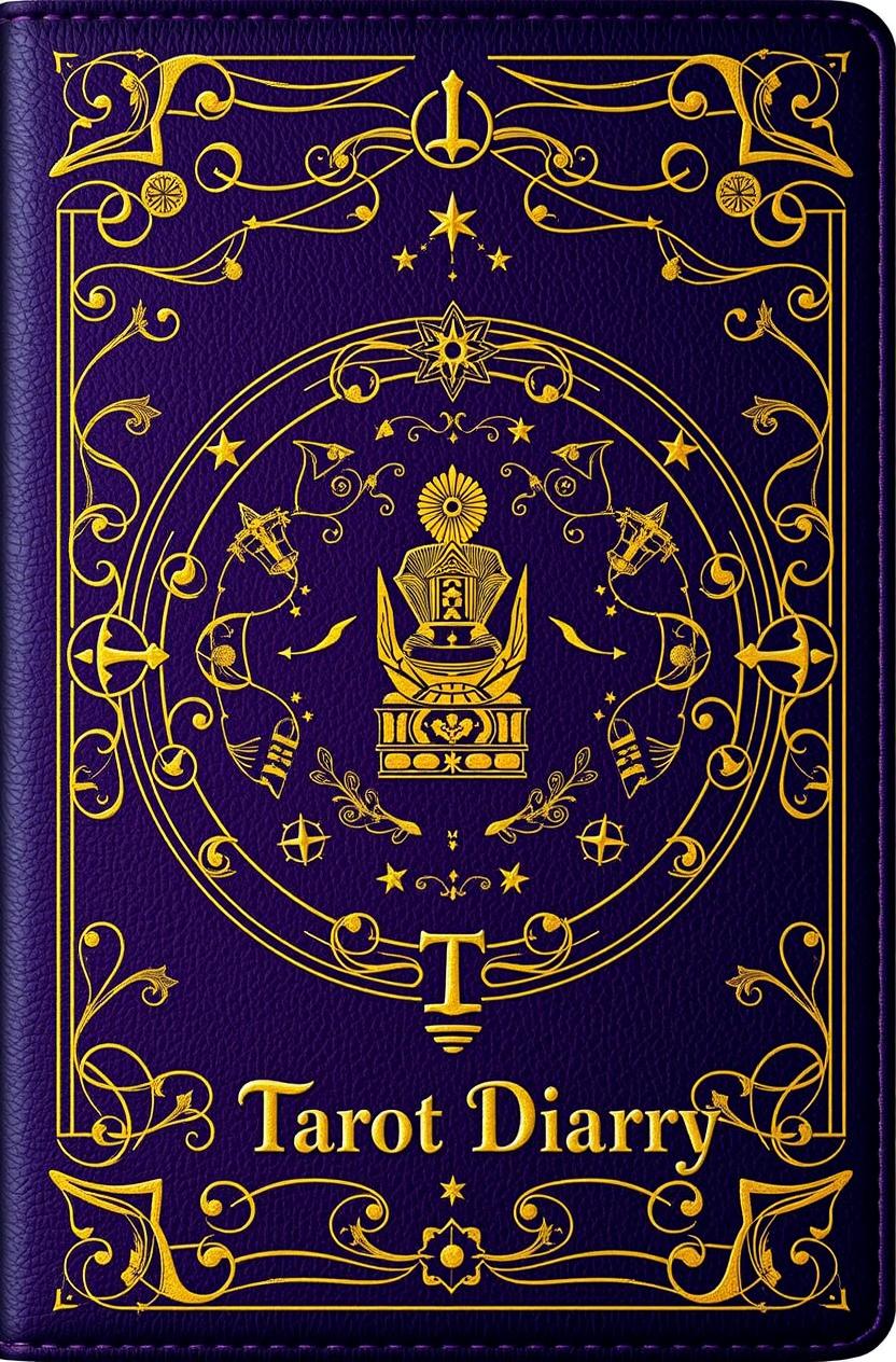 A luxurious cover design for a Tarot diary, featuring a deep purple leather texture