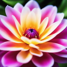 Generate an image of a vibrant flower in full bloom, its petals delicately capturing the sunlight and its center full of intricate details, contrasted by a soft focus background