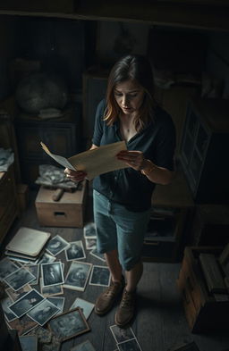 A dramatic scene capturing Emma, a 25-year-old woman, standing in her late mother's attic surrounded by dusty boxes and old furniture