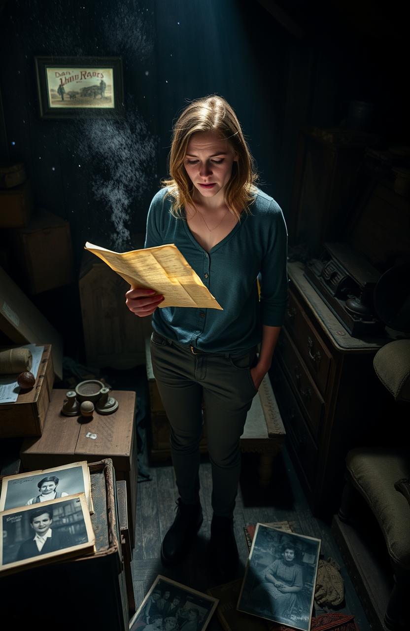 A dramatic scene capturing Emma, a 25-year-old woman, standing in her late mother's attic surrounded by dusty boxes and old furniture