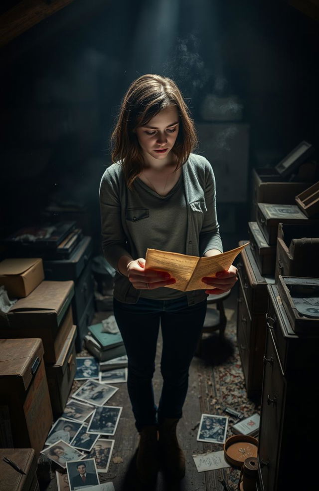 A dramatic scene capturing Emma, a 25-year-old woman, standing in her late mother's attic surrounded by dusty boxes and old furniture