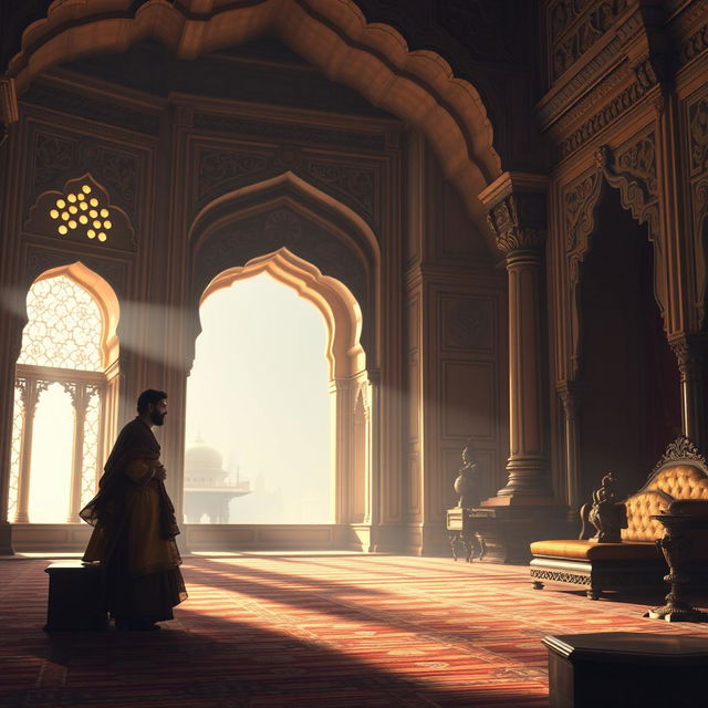 A scene depicting Emperor Akbar alone in his opulent royal chamber, gazing thoughtfully out of a grand window