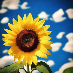 Generate an image portraying a towering sunflower standing tall against a cobalt blue sky, the golden petals glowing in the sunlight, and the dark seed-filled center creating a stunning contrast