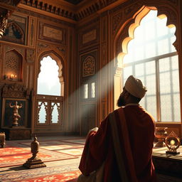 A scene depicting Emperor Akbar alone in his opulent royal chamber, gazing thoughtfully out of a grand window