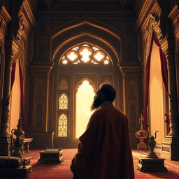 A scene depicting Emperor Akbar alone in his opulent royal chamber, gazing thoughtfully out of a grand window