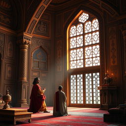 A scene depicting Emperor Akbar alone in his opulent royal chamber, gazing thoughtfully out of a grand window