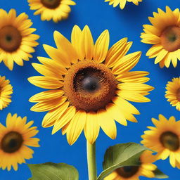 Generate an image portraying a towering sunflower standing tall against a cobalt blue sky, the golden petals glowing in the sunlight, and the dark seed-filled center creating a stunning contrast